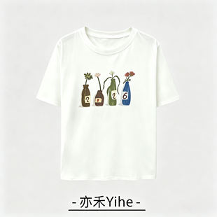 【玉米专享】【亦禾YIhe】花瓶印花韩版宽松圆领套头T恤618