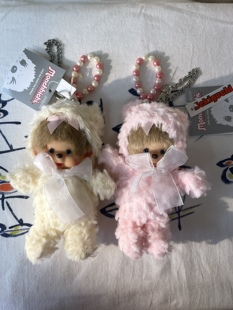 粉色 蒙奇奇monchhichi 金卷毛奶白色 老版 小熊珍珠挂件 日本正版
