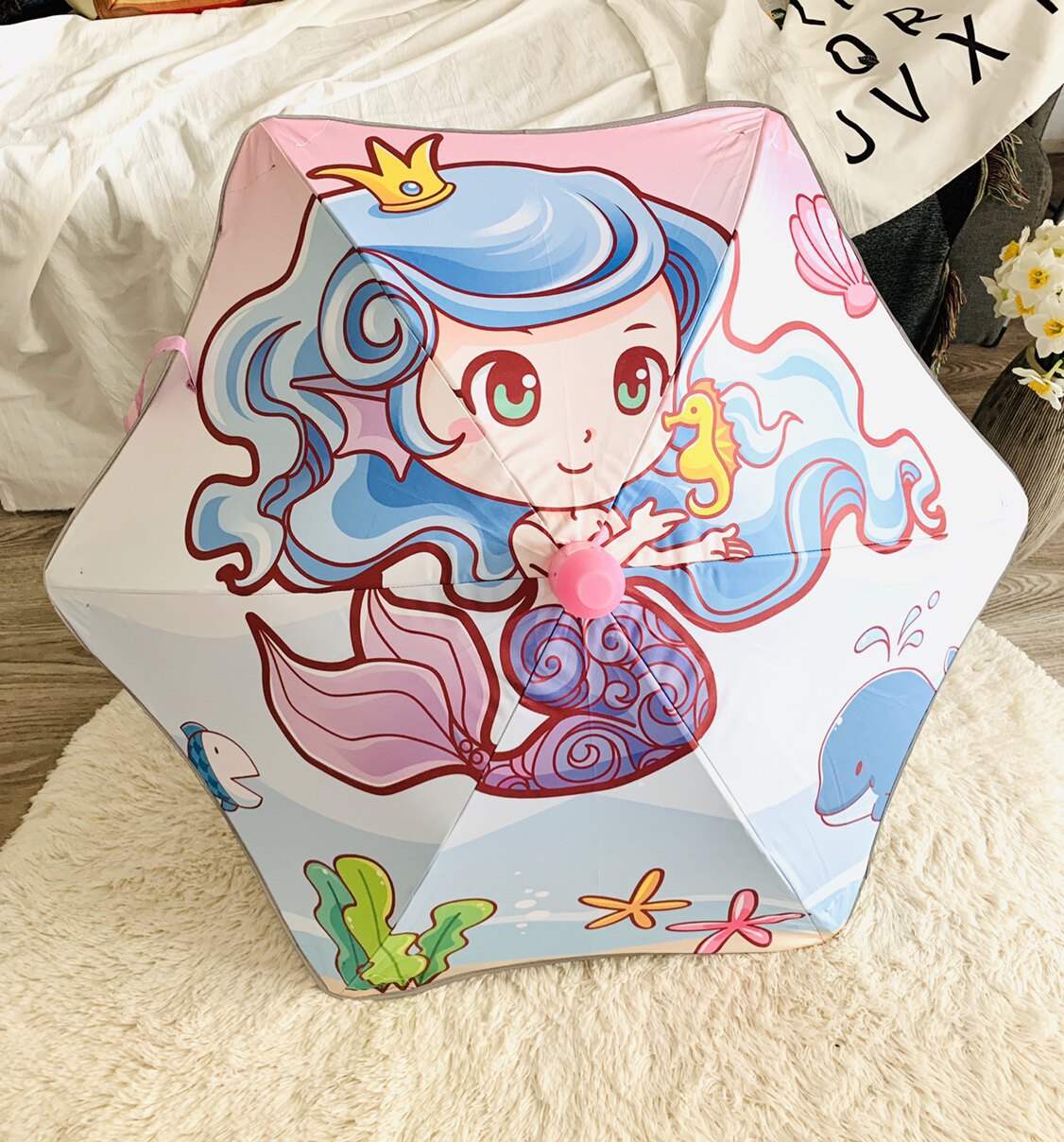 幼儿园儿童圆角安全黑胶抗紫外线手开长柄晴雨防水套美人鱼公主伞