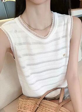 【小四专享】镂空冰丝针织衫女背心内搭圆领上衣外穿406