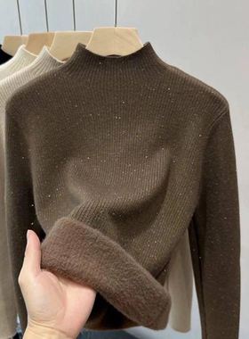 【小四专享】黑色半高领亮丝加绒针织毛衣修身保暖内搭上衣