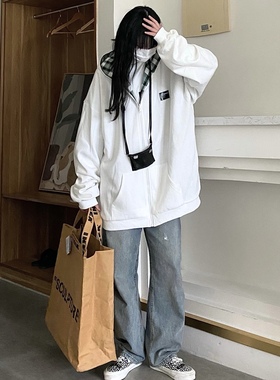 Takeoff咖喱人春双面穿连帽外套宽松格子潮百搭ins显瘦休闲日韩