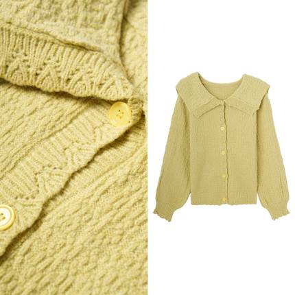 【爆米花专享】法式娃娃领针织宽松简约翻领百搭纯色外套毛衣1114