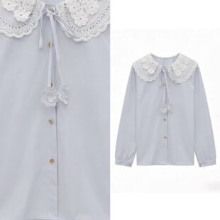 蝴蝶结上衣323 甜美可爱镂空勾花宽松娃娃领衬衫 小四专享