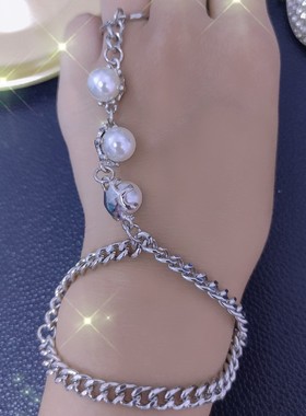 欧美外贸简约复古珍珠链条戒指手链街拍混搭个性潮流冷淡风手链