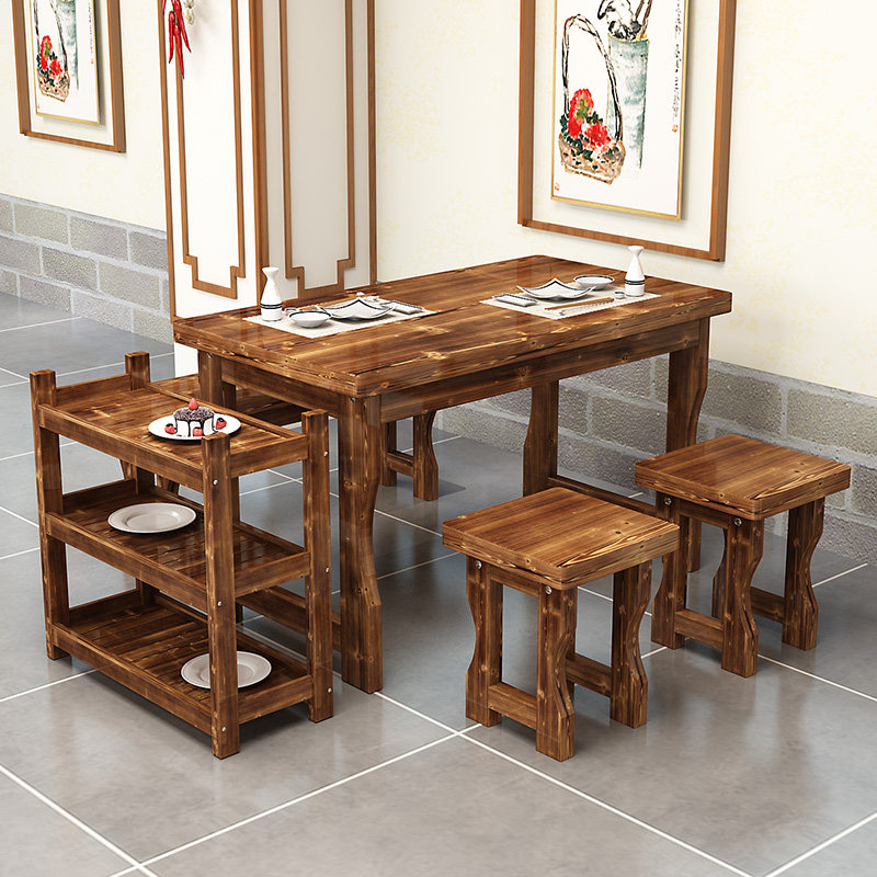 桌子快烧烤店早餐火锅小吃实木组合餐桌椅店饭店餐桌面馆碳化桌椅