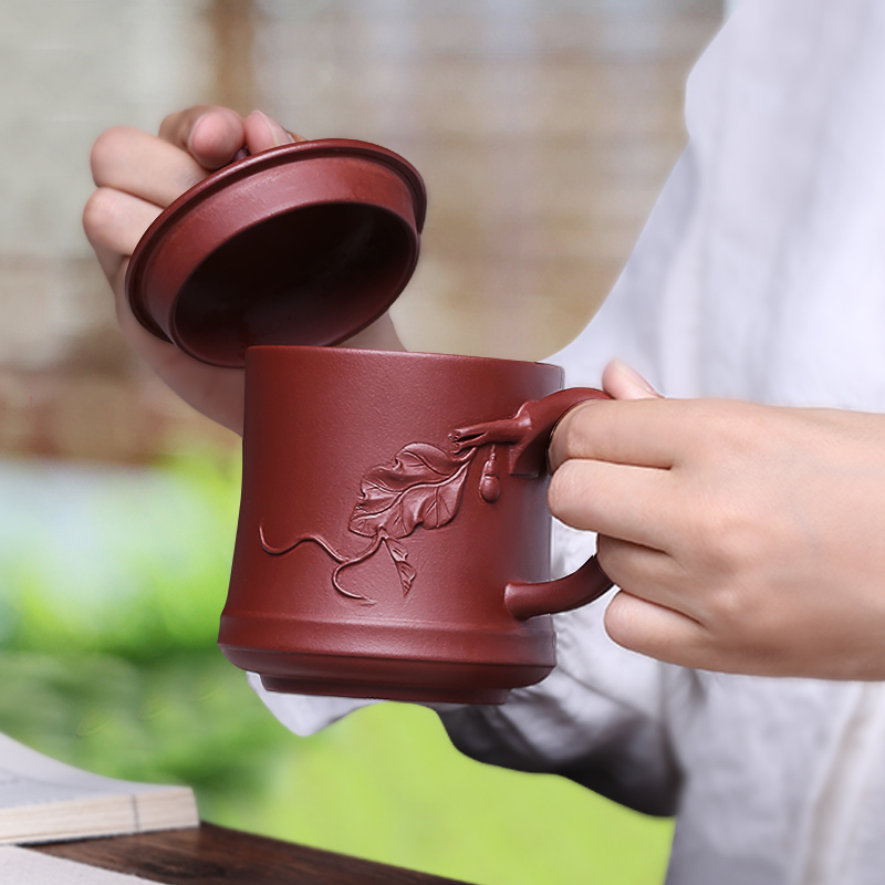 御壶茗香宜兴枣红泥紫砂杯带盖茶杯功夫茶具办公非陶瓷杯子全手工
