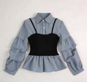 玉米专享～条纹收腰显瘦假两件拼接衬衫 设计感上衣女5633 女堆堆袖