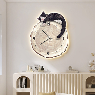 挂钟客厅2024新款 北欧轻奢高端钟表侘寂风可爱猫咪餐厅时钟挂墙钟