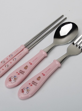清仓韩国联扣HelloKitty儿童餐具套装304不锈钢宝宝勺子叉子筷子