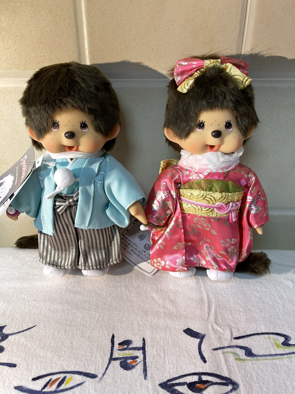 蒙奇奇 monchhichi 日式传统和服 条纹裤 男生 金粉色女生 对娃