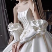 2021新款 子 手套宫廷公主风高级婚纱袖 新娘缎面婚纱手袖 泡泡袖