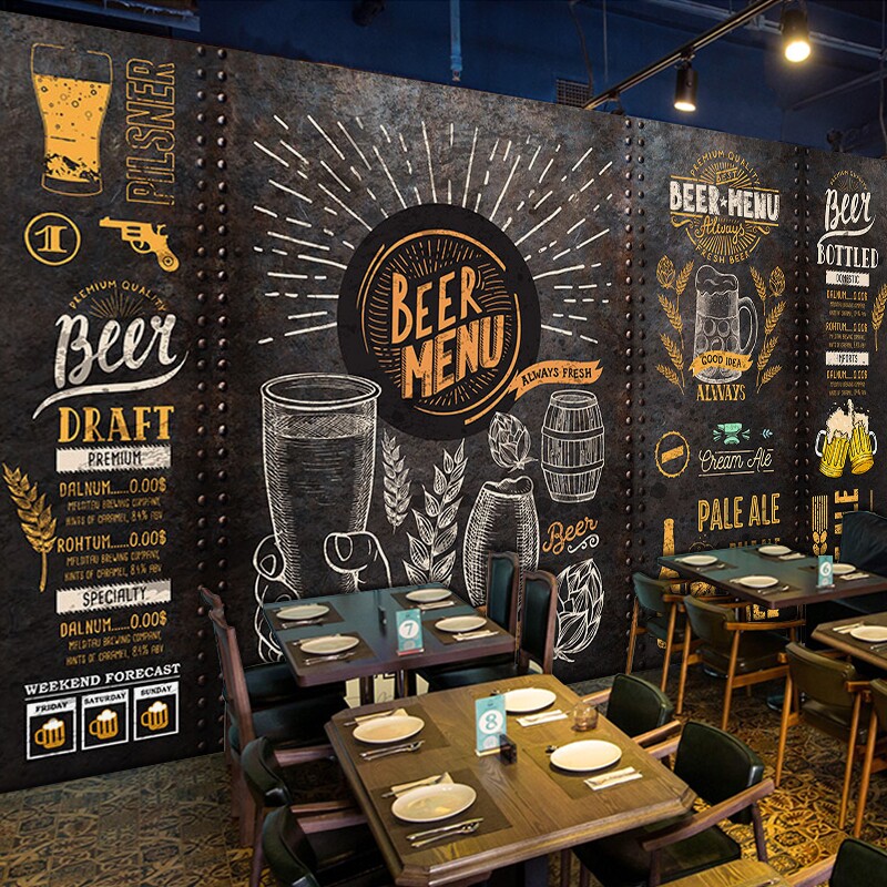 工业风精酿啤酒屋贴纸酒吧清吧酒馆背景壁画复古餐吧餐厅自粘壁纸