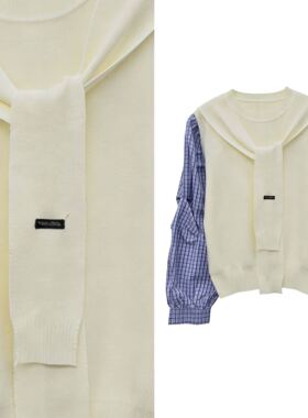 【甜甜专享】欧货格子长袖衬衫拼接针织衫+披肩两件套上衣