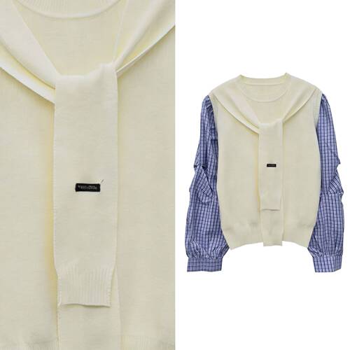 【甜甜专享】欧货格子长袖衬衫拼接针织衫+披肩两件套上衣