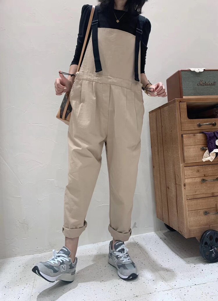 木莲子新品日系森女系小清新文艺时尚休闲百搭宽松背带裤熊姑娘绣