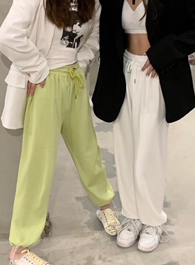 草绿运动裤女夏季宽松抽绳春秋薄款2022显瘦束脚阔腿伦休闲卫裤潮