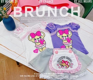 现货  EM earthmagic 儿童蝴蝶结爱心小熊花边短袖T恤小熊牛仔裙