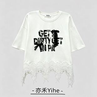 【玉米专享】【亦禾YIhe】蕾丝拼接字母圆领短袖上衣 804