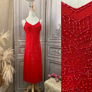 大红色弹力纱 夏季吊带裙手工钉珠 睡裙连衣裙