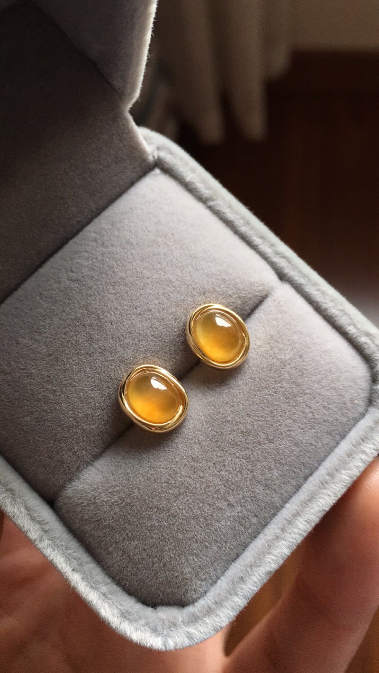 【赏】木易日辰 天然翡翠A货冰黄翡蛋面18K金耳钉