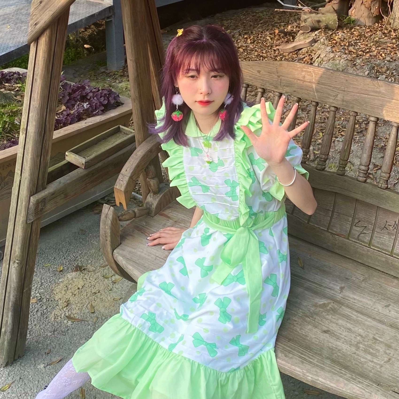 水银商店 原创 青苹果乐园蝴蝶结春天重工复古连衣裙 淡果绿泡泡