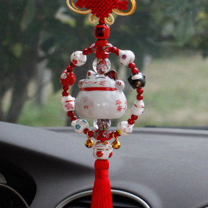 新款高档手工日式招财猫车挂陶瓷猫咪汽车轿车挂饰保平安节日