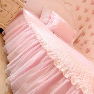 韩国 纯粉色床上用品 床裙 全棉公主单个夹棉床罩