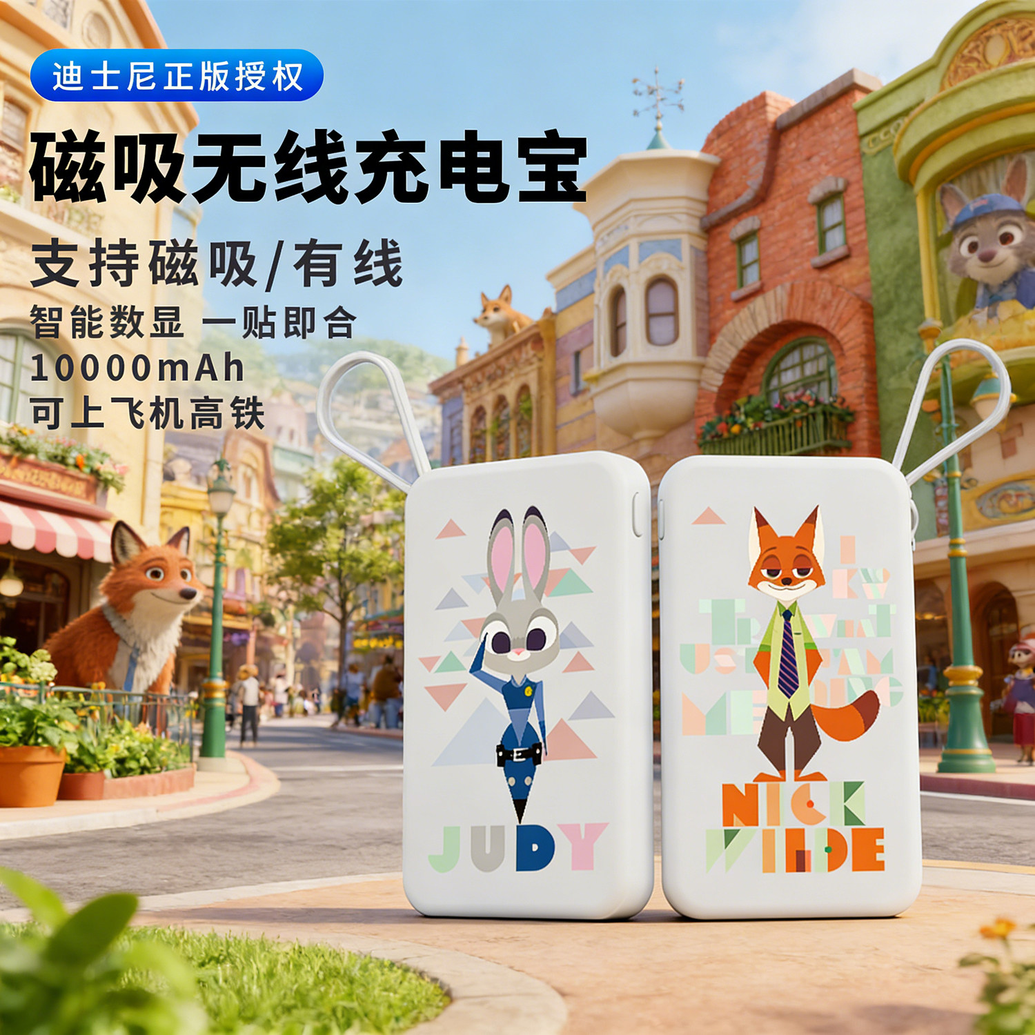 疯狂动物城迪士尼磁吸无线10000毫安充电宝自带线超薄移动电源