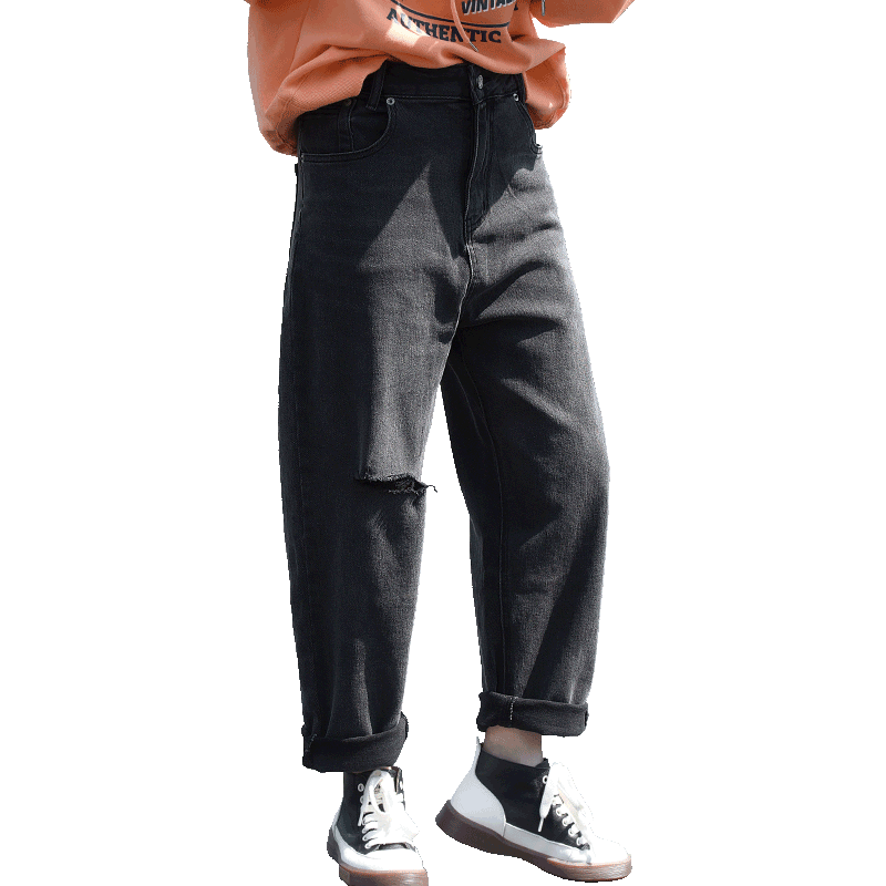 宽松灰色破洞弹力牛仔跨裤女春季