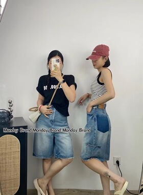 夏季新款Monday芒86599牛仔五分裤女宽松阔腿个性潮吊裆松垮中裤