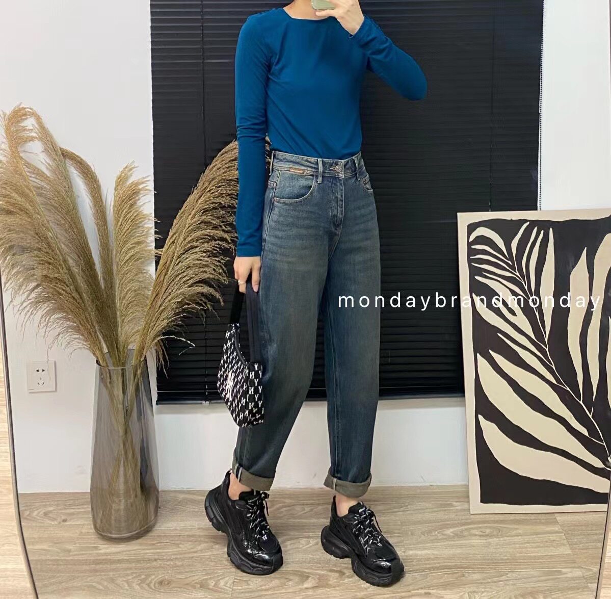 Monday芒98137秋冬新款2023牛仔哈伦裤女宽松深蓝显瘦休闲老爹裤