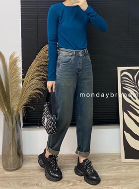 Monday芒98137秋冬新款2023牛仔哈伦裤女宽松深蓝显瘦休闲老爹裤