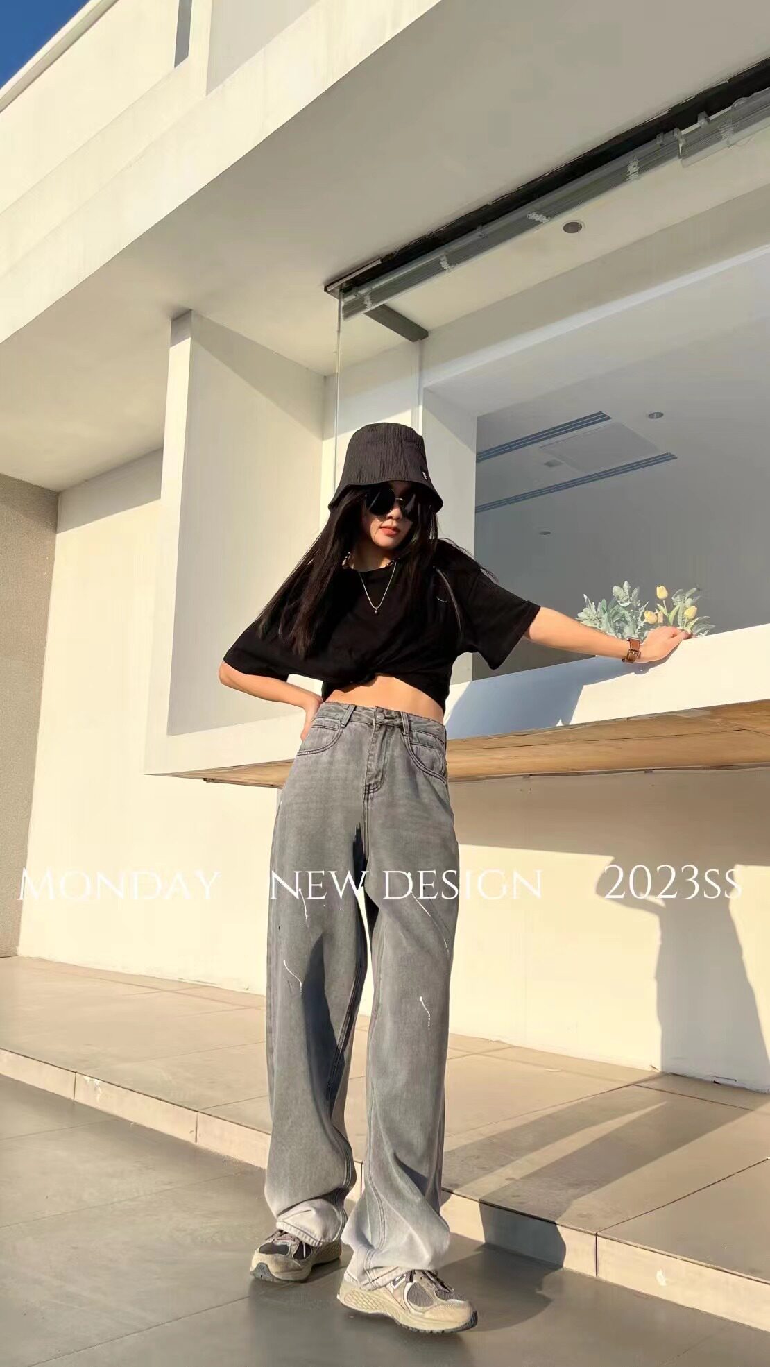 Monday芒98096烟灰色牛仔堆堆裤女长款显瘦直筒裤渐变阔脚春新款