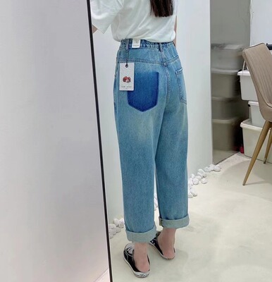 春休闲宽松牛仔裤女松紧腰老爹裤