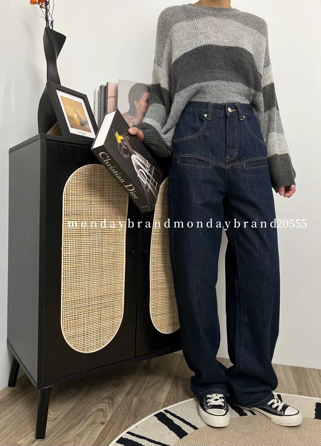 Monday芒20555纯牛仔重工设计前口袋直筒裤女牛仔秋冬新款普洗蓝