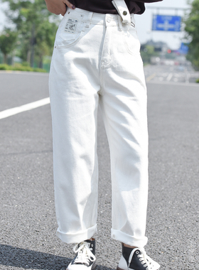 Monday芒16017-3白色减龄背带裤女牛仔 宽松直筒裤显瘦简约春季新