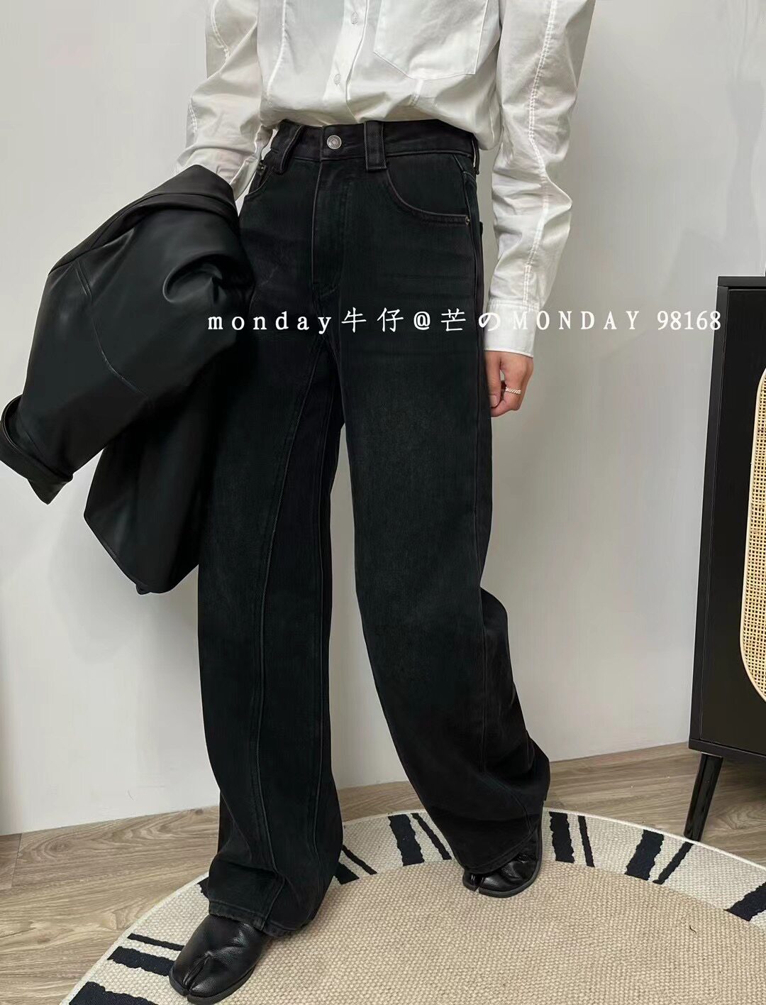 Monday芒98168宽松立体裁剪显瘦牛仔直筒裤女黑色加绒冬季新款潮
