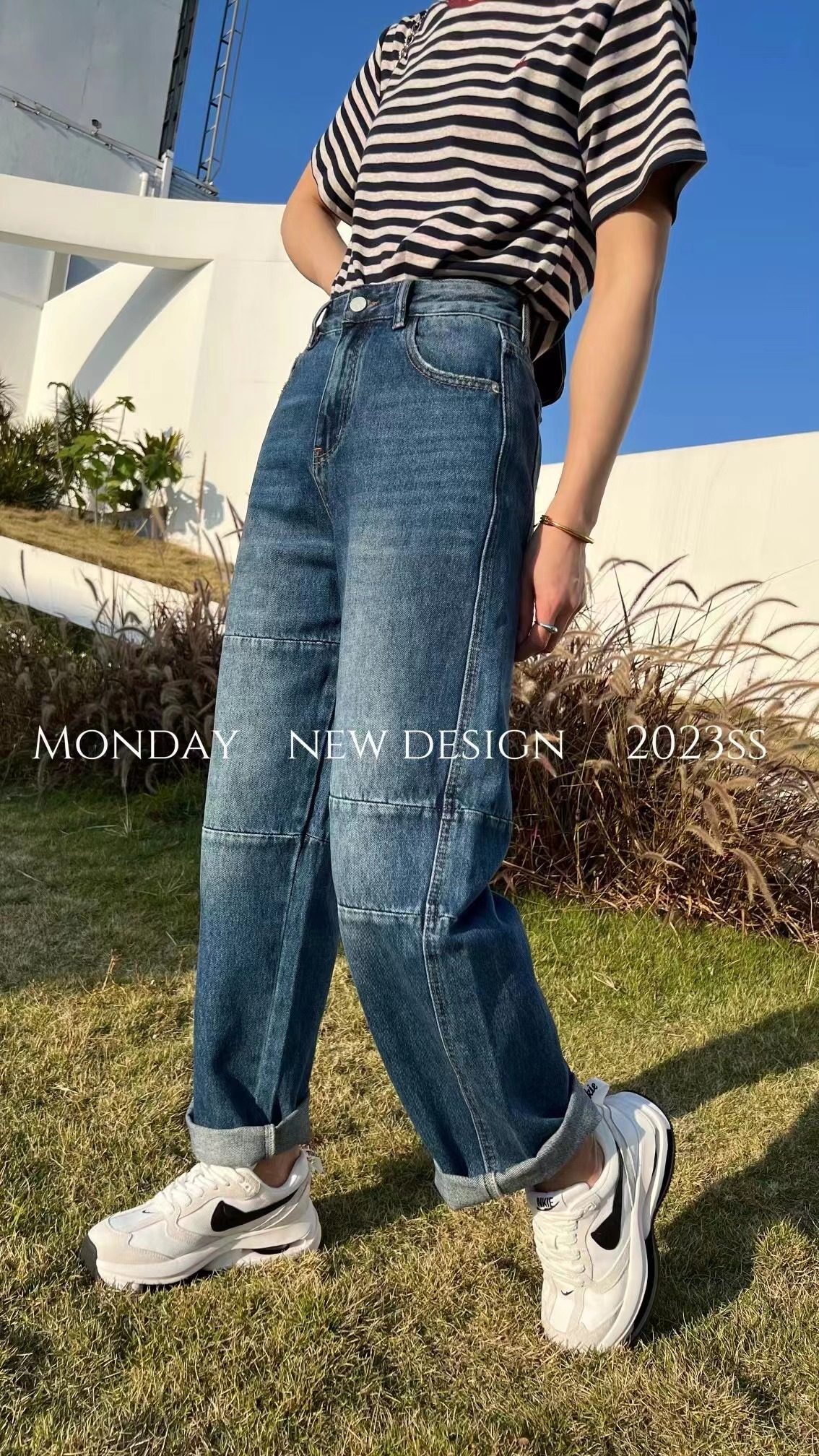 2023秋新款芒Monday16157蓝色宽松牛仔裤女老爹裤欧洲站显瘦垮裤