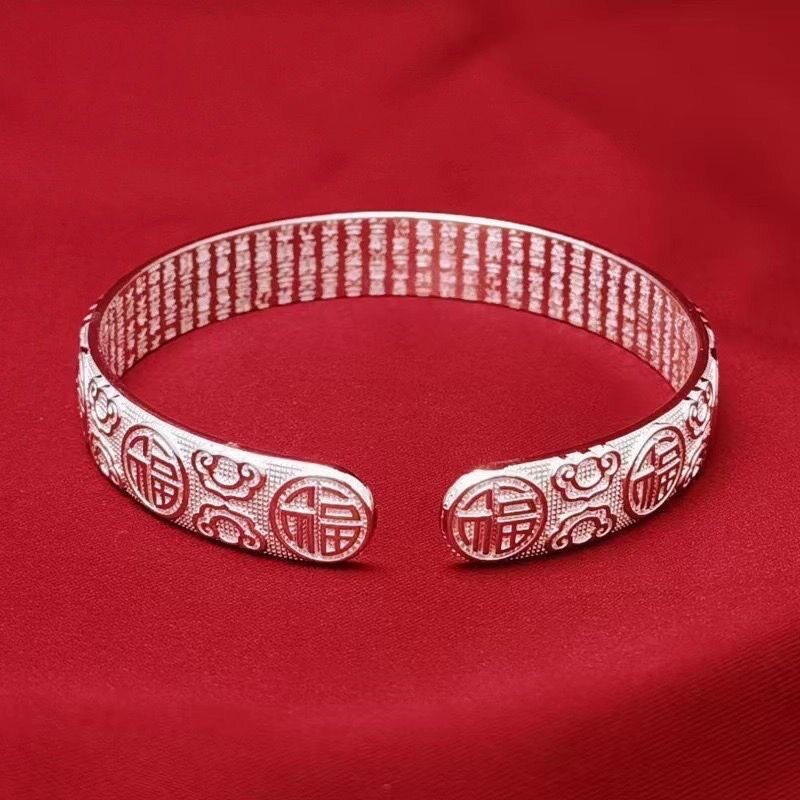 新款中国风百福开口银色手镯设计复古文艺时尚个性民族风送妈妈礼