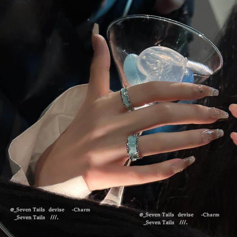 天空蓝滴釉开口戒指女冷