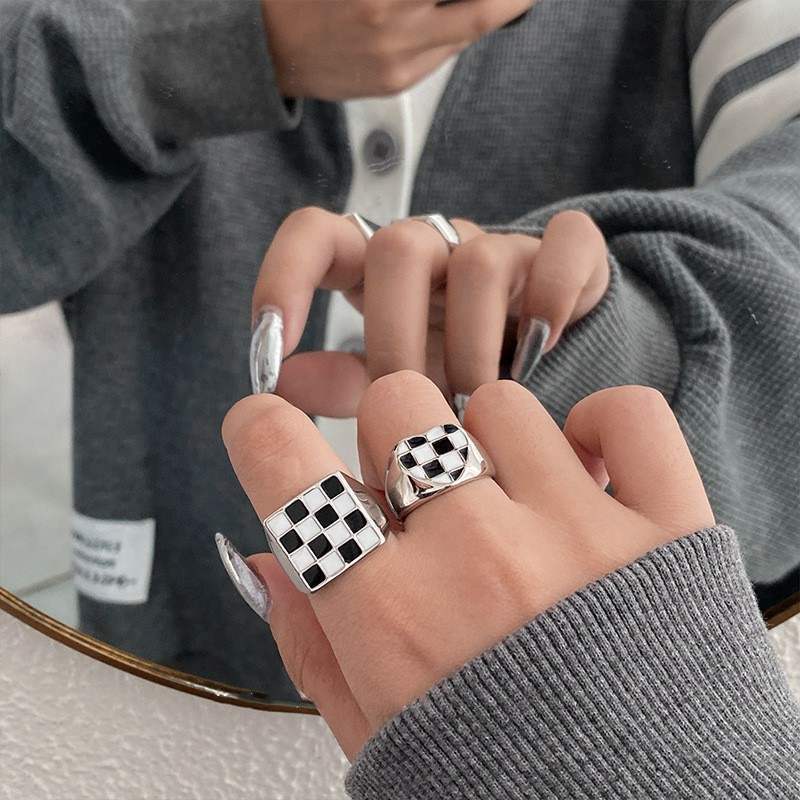 棋盘格滴釉开口戒指套装