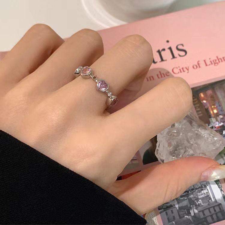 粉色钻爱心戒指女小众设