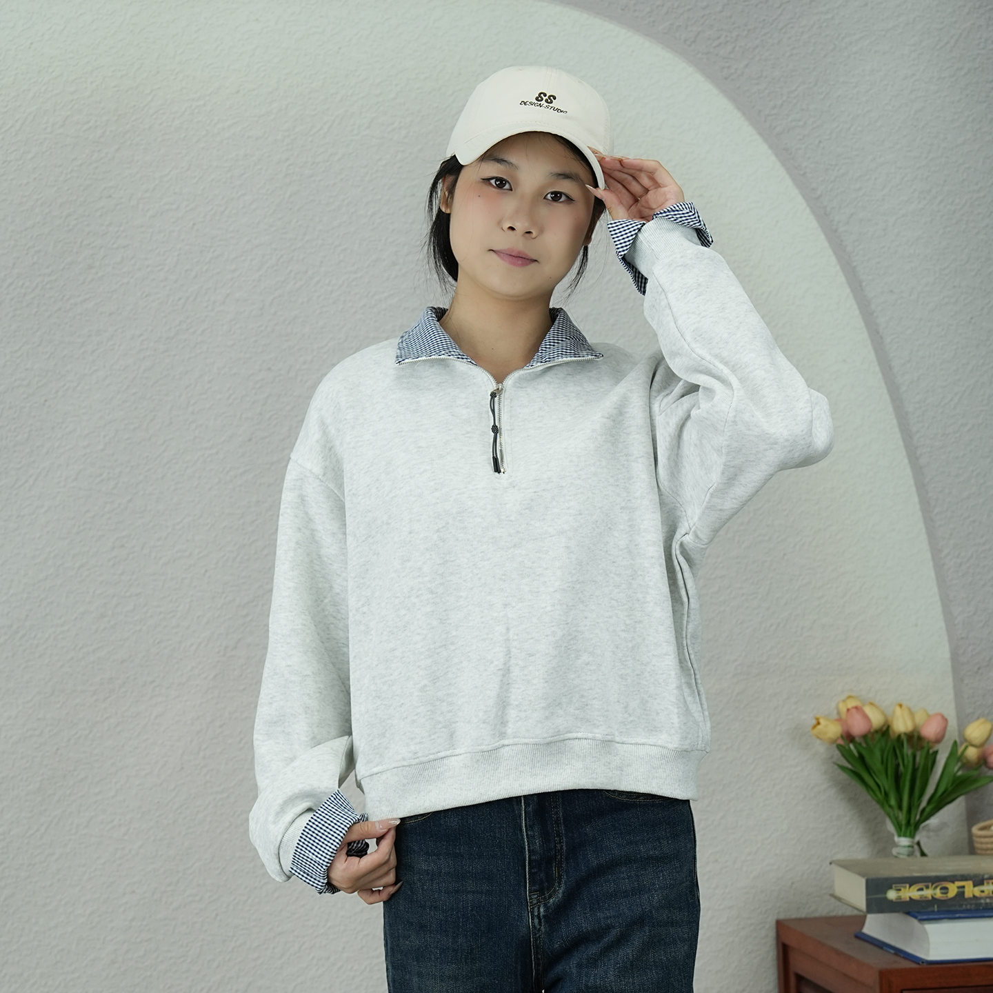 半拉链卫衣女韩版休闲百搭撞色拼接格子立领长袖套头衫2025秋季款