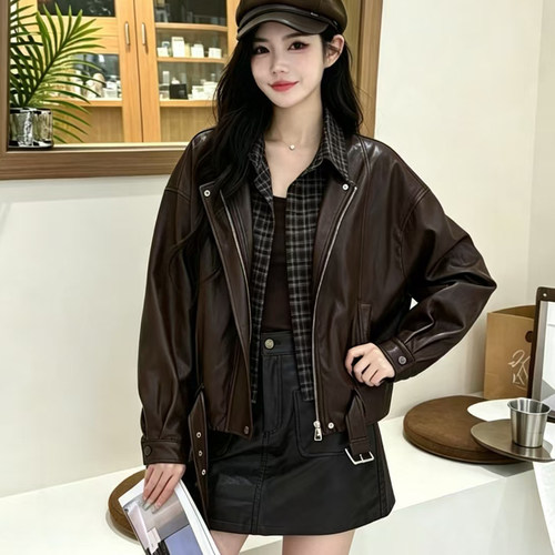 优构良品复古短款假两件皮衣女