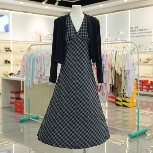 两件套 2025秋季 女神范儿V领气质格纹挂脖后背镂空连衣裙长袖 开衫