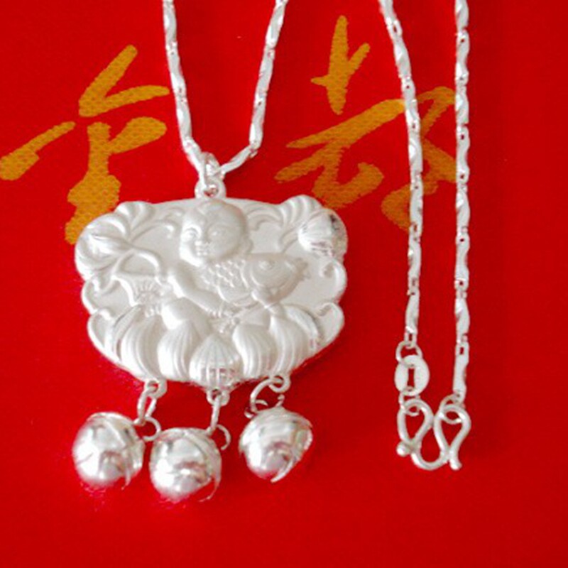 s990纯银宝宝百岁锁配银锁链年年有余福娃娃长命锁双面图案