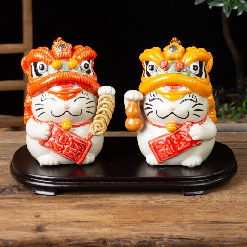 醒狮招财猫石湾陶瓷佛山存钱罐装饰品中式摆件工艺品礼品摆设