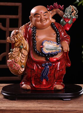 挑桃弥勒佛像石湾陶瓷佛山装饰品中式贺寿摆件礼盒工艺品公仔摆设