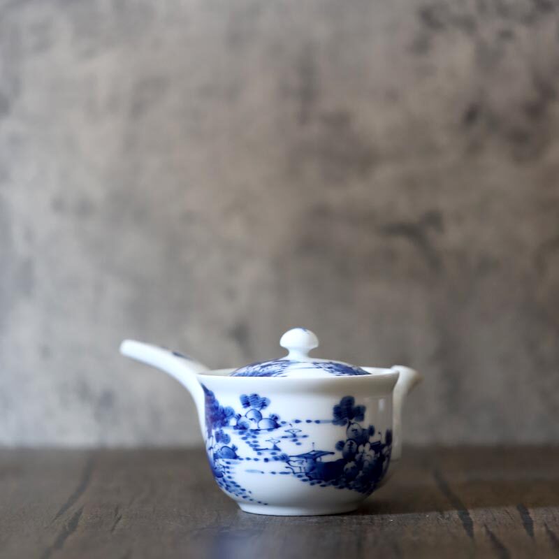 日本手绘青花山水手柄茶壶日式急须壶茶具有田烧茶道茶器350ml壶